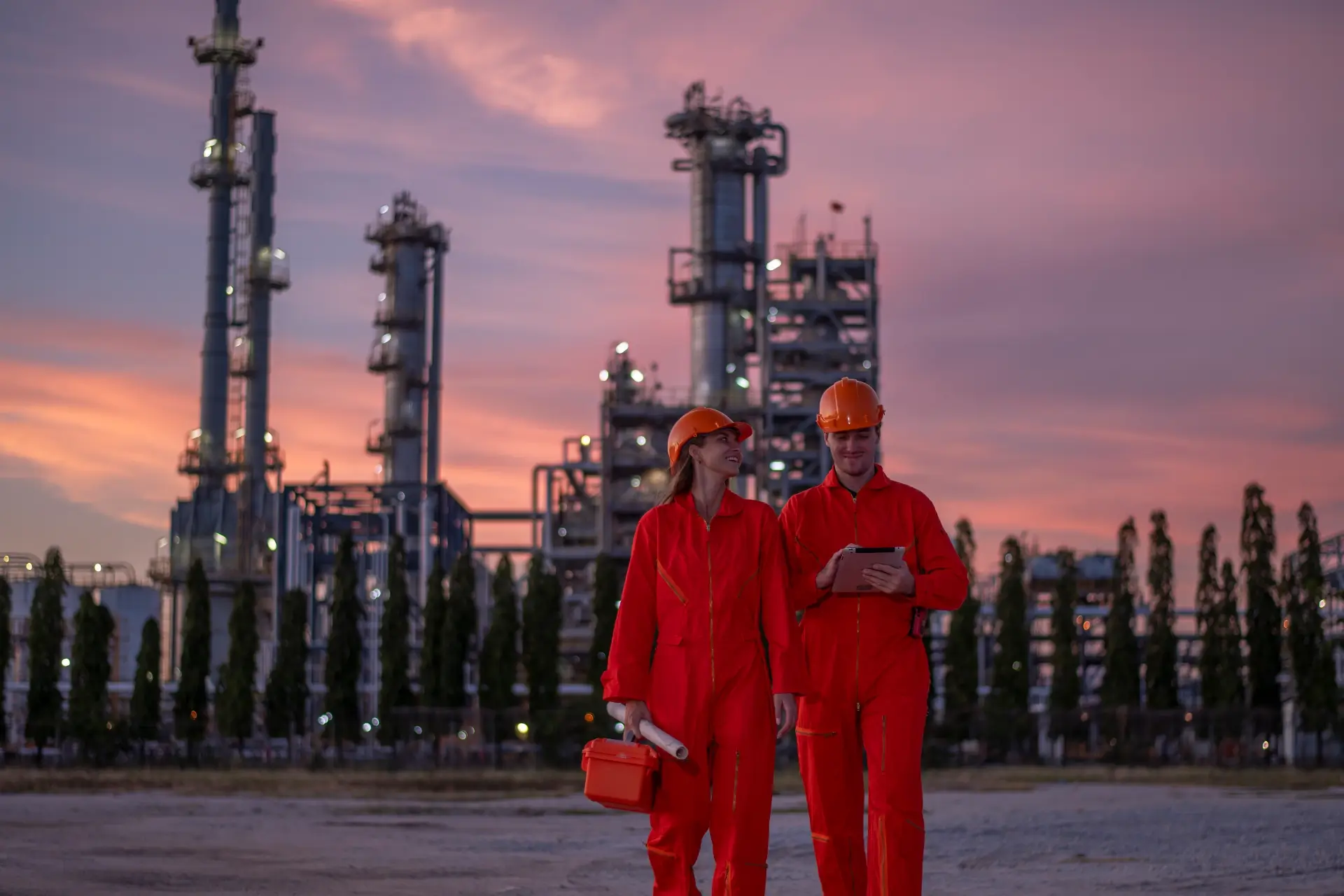 Специалисты ООО «ЦРБ» на фоне нефтеперерабатывающего завода